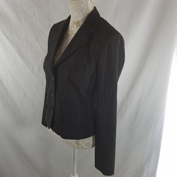 How Wen 10 Black Pinstripe 3 Button Fitted Blazer Jacket Lace Trim - Picture 8 of 10